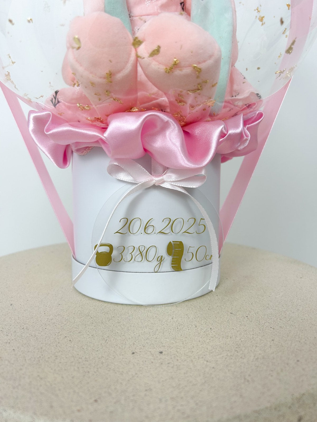 Balon ob rojstvu otroka z igračo roza (okrogla škatla)