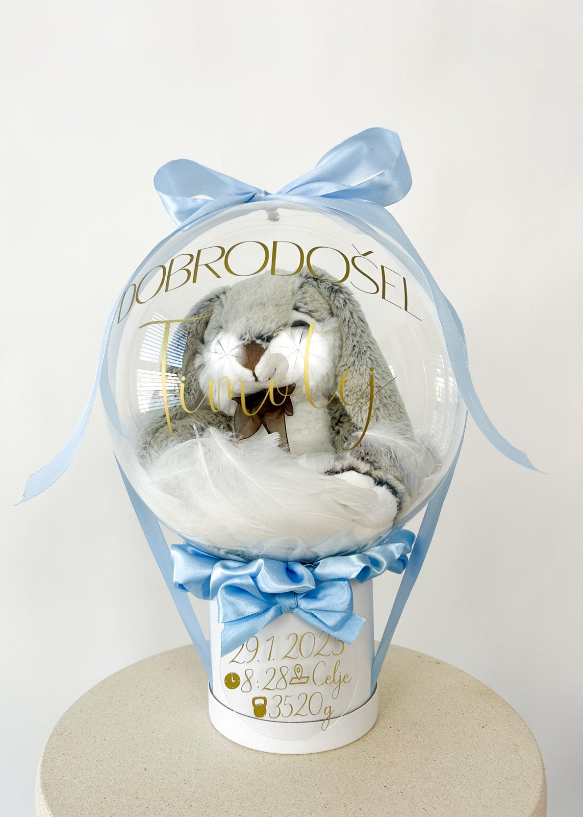 Balon ob rojstvu otroka z igračo moder (okrogla škatla)