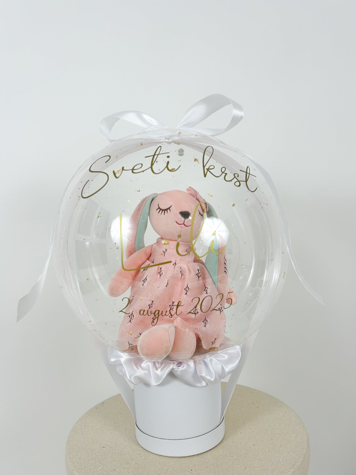 Krstni balon z roza zajčkom bel