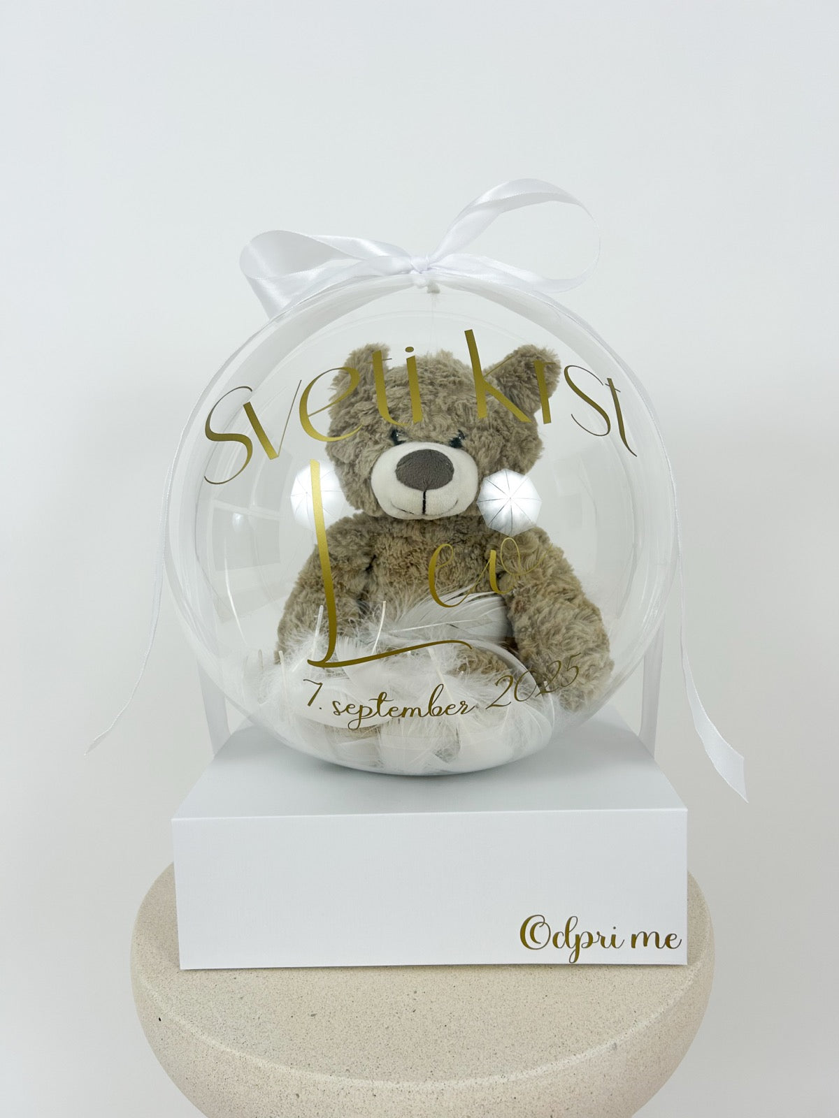 Krstni balon z rjavim medvedkom bel