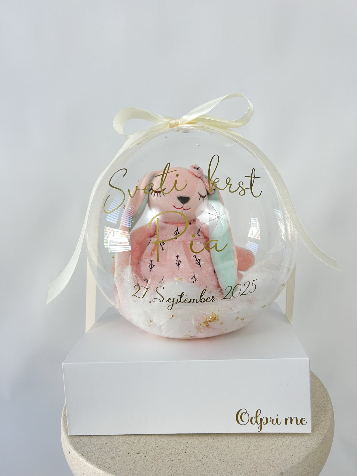 Krstni balon z roza zajčkom bež