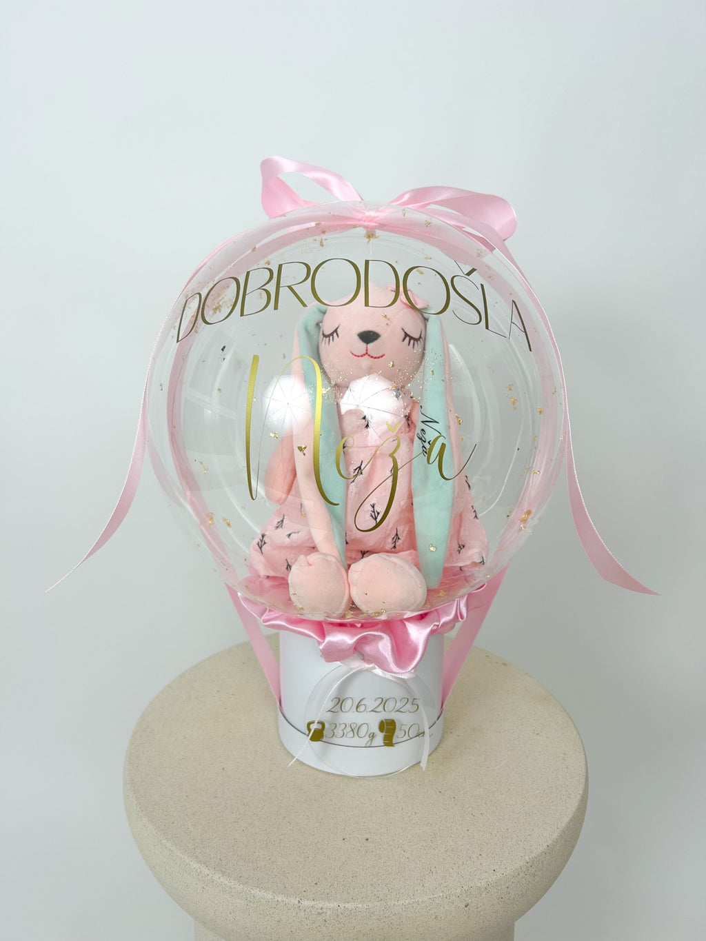 Balon ob rojstvu otroka z igračo roza (okrogla škatla)