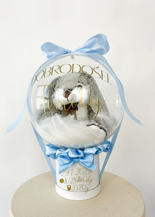 Balon ob rojstvu otroka z igračo moder (okrogla škatla)