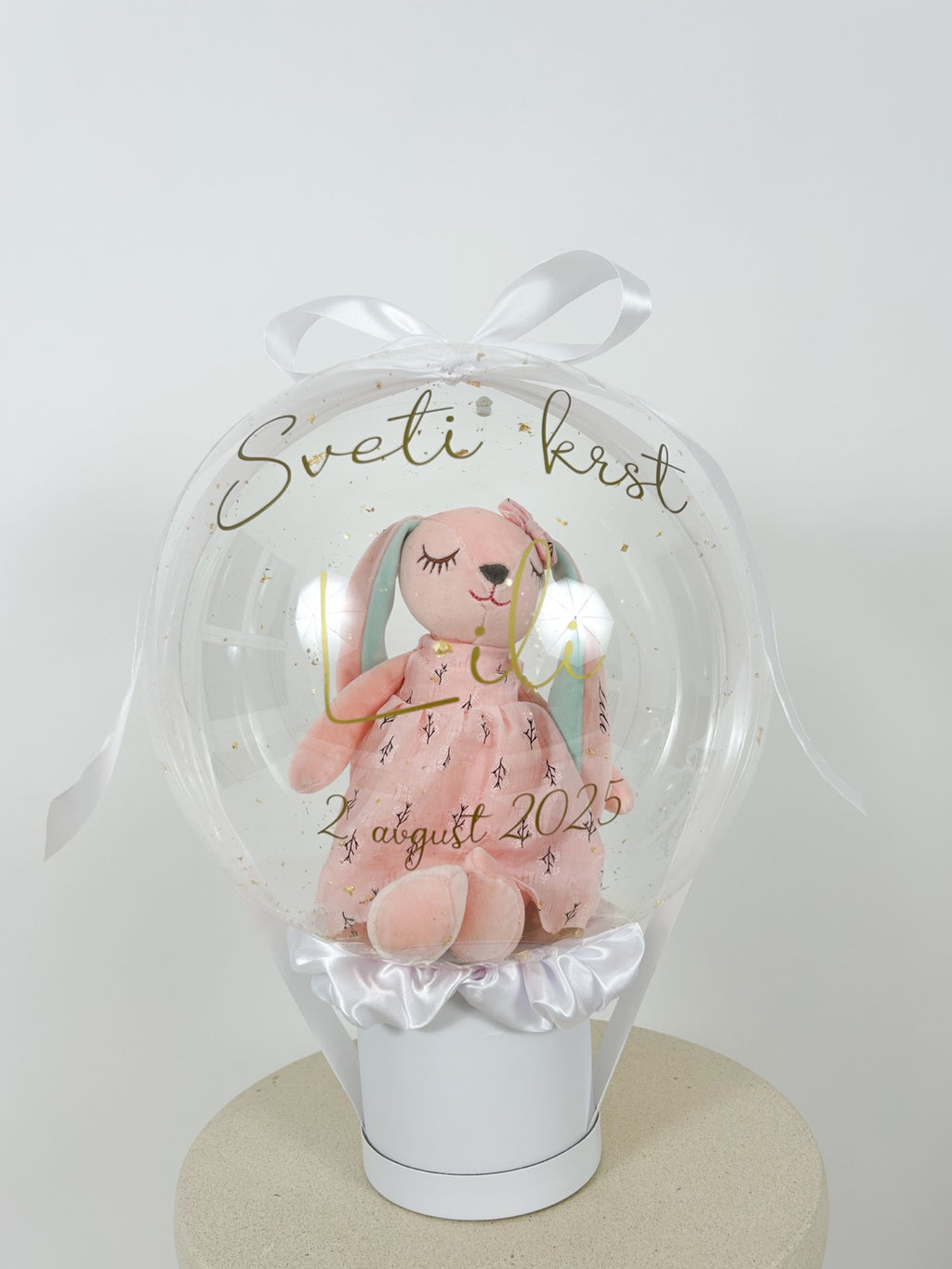 Krstni balon z roza zajčkom bel