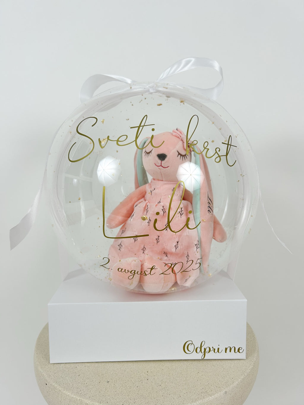 Krstni balon z roza zajčkom bel