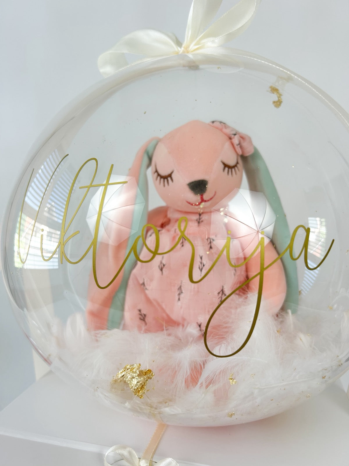 Krstni balon z roza zajčkom bež
