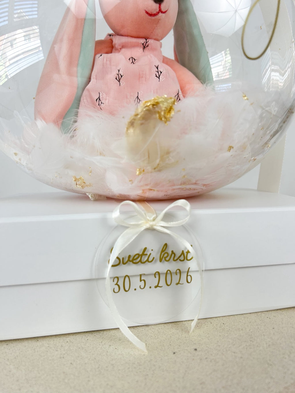 Krstni balon z roza zajčkom bež