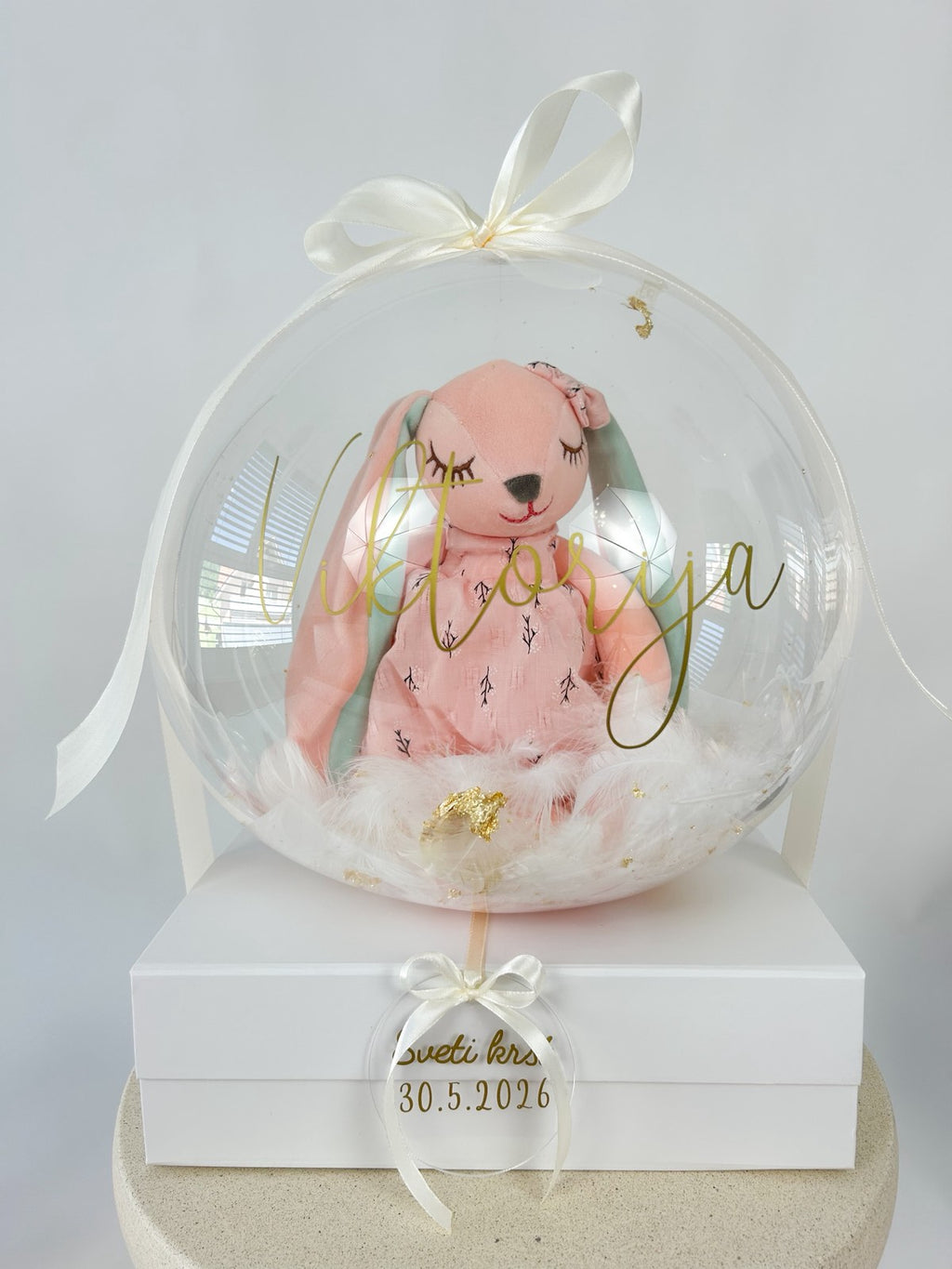 Krstni balon z roza zajčkom bež