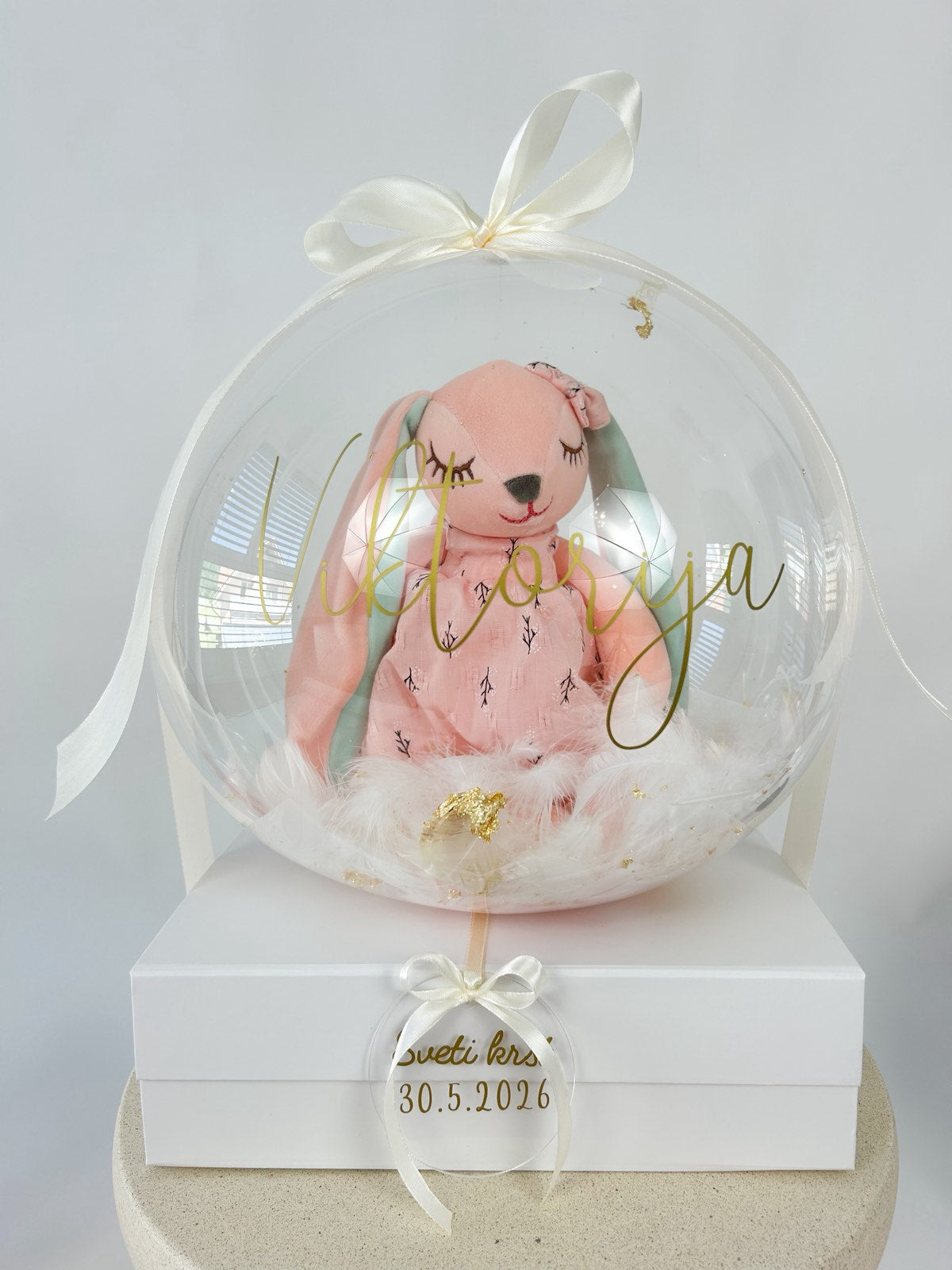 Krstni balon z roza zajčkom bež